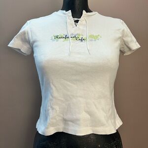 Y2K Rainforest Cafe Embroidered Floral Lace Up White Graphic Tee Size Small